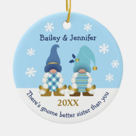 Cute Gnome Better Sister Guld Blue White Gingham Julgransprydnad Keramik