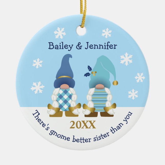 Cute Gnome Better Sister Guld Blue White Gingham Julgransprydnad Keramik (Framsidan)