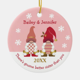 Cute Gnome Better Sister Red Guld Rosa Gingham Julgransprydnad Keramik