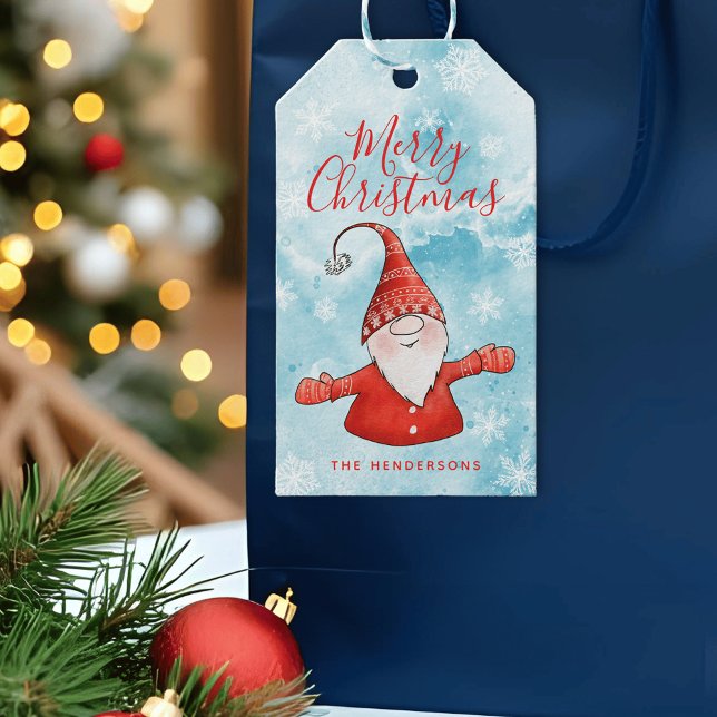 Cute Gnome Blue och Red God jul Presentetikett (Personalized Blue and Red Merry Christmas Gift Tags with a Cute Gnome )