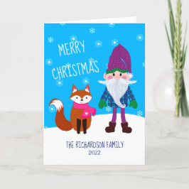 Cute Gnome Fox Snöflingor Blue God jul Helgkort