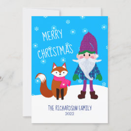 Cute Gnome Fox Snöflingor Blue God jul Julkort