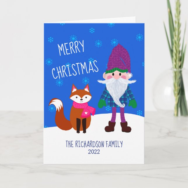 Cute Gnome Fox Snöflingor God jul Helgkort (Framsida)