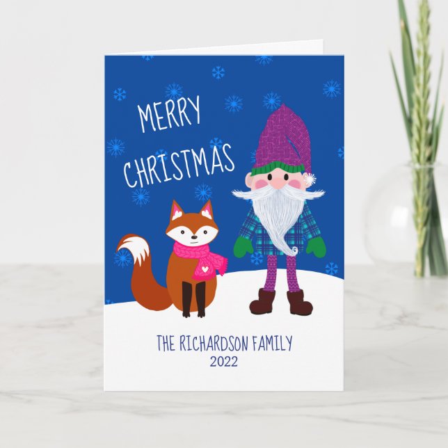 Cute Gnome Fox Snöflingor Nattblå jul Helgkort (Framsida)