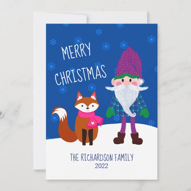 Cute Gnome Fox Snöflingor Nattblå jul Julkort (Framsida)