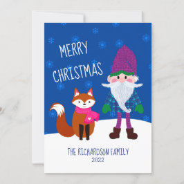 Cute Gnome Fox Snöflingor Nattblå jul Julkort