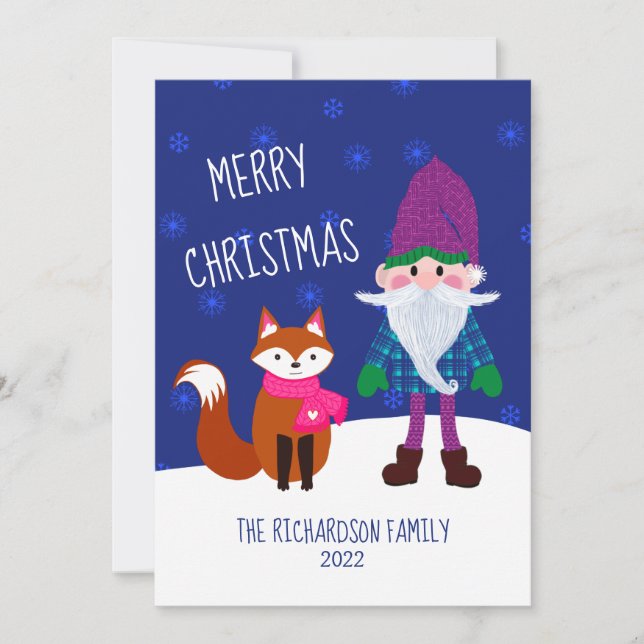 Cute Gnome Fox Snöflingor Personlig Julkort (Framsida)