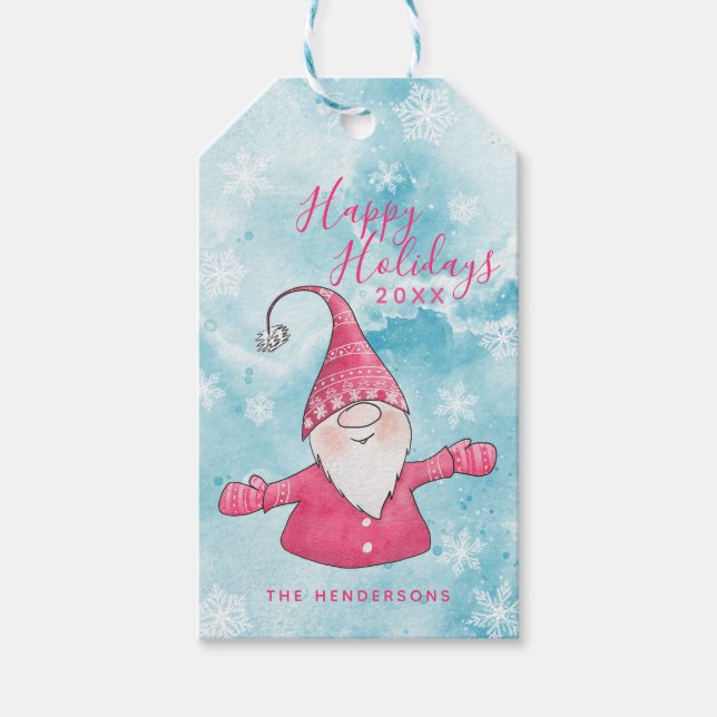Cute Gnome Glad helg Blue och Rosa Jul Presentetikett (Framsidan)