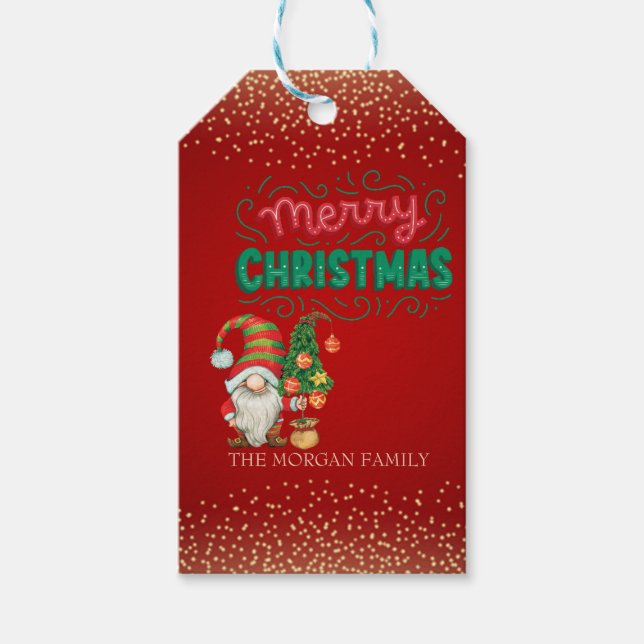 Cute Gnome Gräs Träd confetti Red God jul Presentetikett (Framsidan)