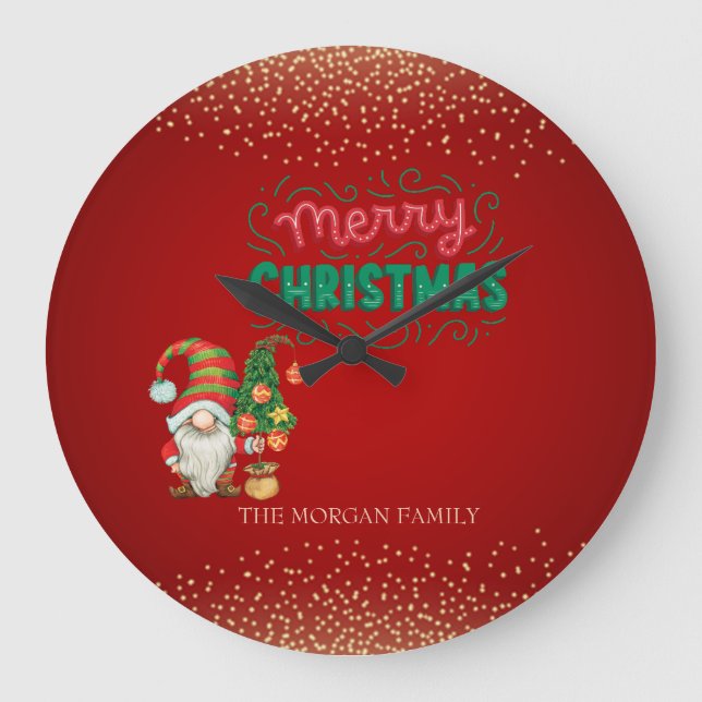 Cute Gnome Gräs Träd confetti Red God jul Stor Klocka (Framsida)