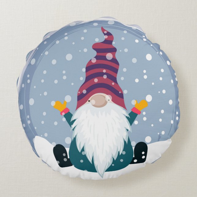 Cute Gnome i Snowfall Rund Kudde (Baksidan)