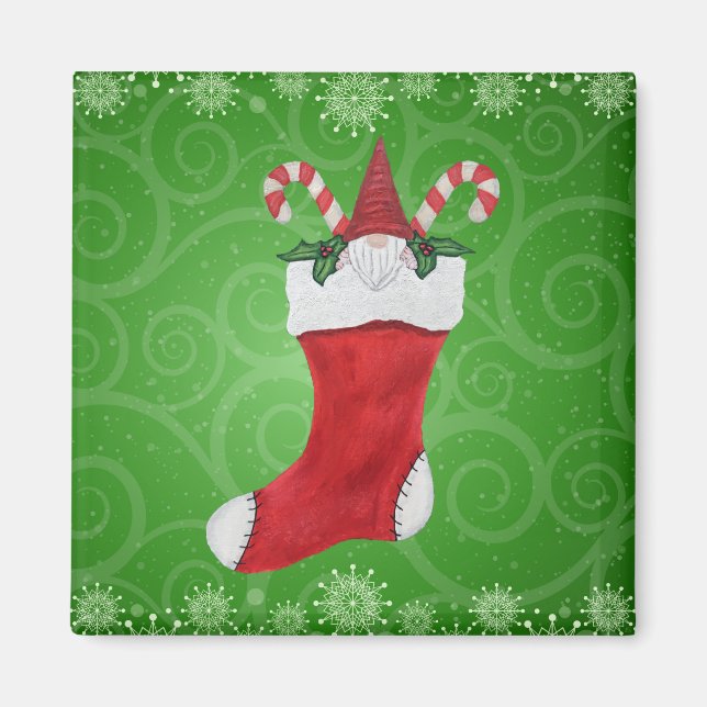 Cute Gnome i Stocking Grönt Swirls Snöflingor Magnet (Framsidan)