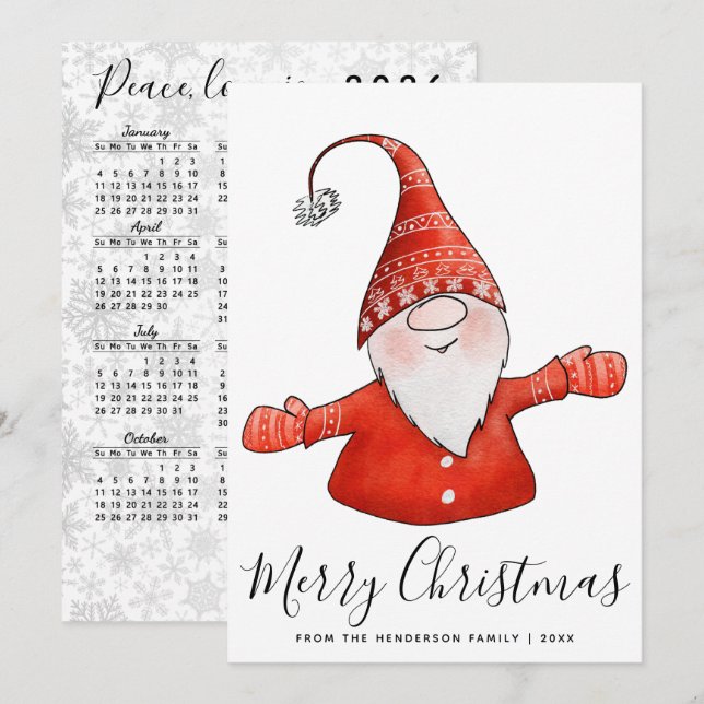 Cute Gnome in Red 2025 Calendar God jul Julkort (Fram/baksida)