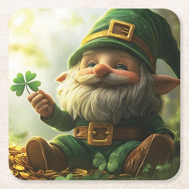 Cute gnome leprechaun med schack och klöver underlägg papper kvadrat (Framsidan)