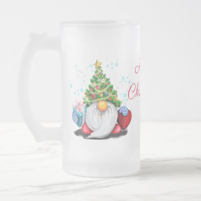 Cute Gnome med Julgran Hat och Gift - Roligt  Frostat Ölglas (Vänster)
