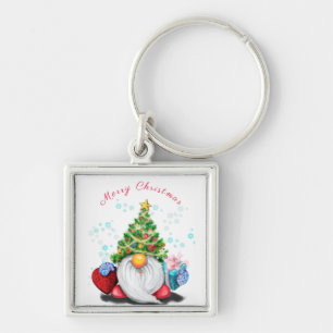 Cute Gnome med Julgran Hat och Gift - Roligt Fyrkantig Silverfärgad Nyckelring