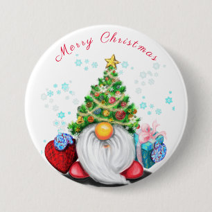 Cute Gnome med Julgran Hat och Gift - Roligt Knapp