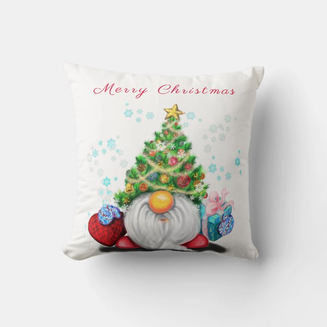 Cute Gnome med Julgran Hat och Gift - Roligt  Kudde (Framsida)