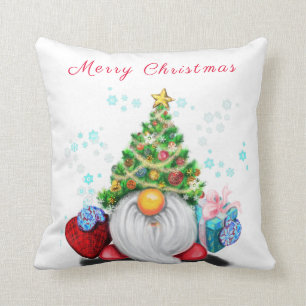 Cute Gnome med Julgran Hat och Gift - Roligt Kudde
