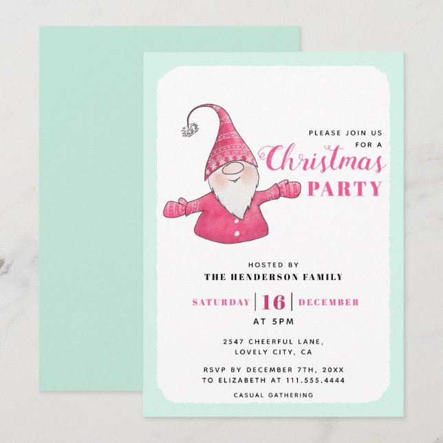 Cute Gnome Mint Grönt och Rosa jul Party Inbjudningar (Fram/baksida)