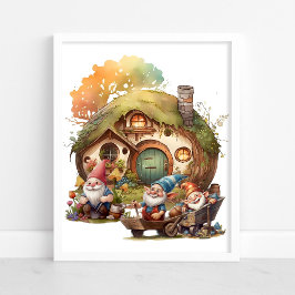 Cute Gnome, Mushroom och Lycklig House Poster