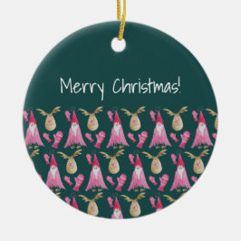 Cute Gnome och renar med Rosa Glove Julgransprydnad Keramik