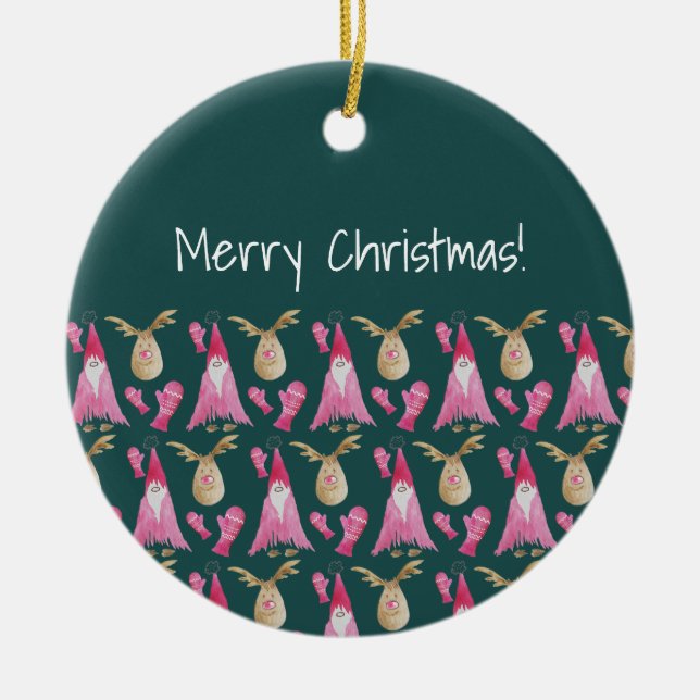 Cute Gnome och renar med Rosa Glove Julgransprydnad Keramik (Framsidan)