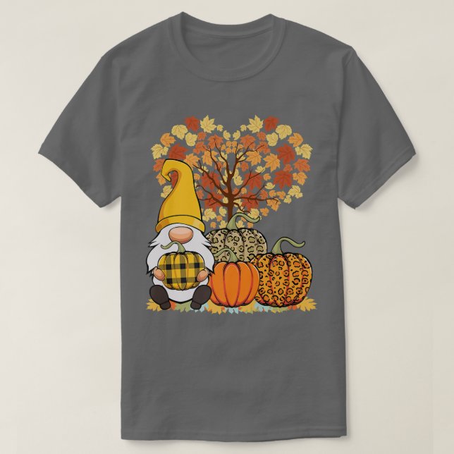 Cute Gnome Pumpkins Autumn Fall Gult Löv Fläkt T Shirt (Design framsida)
