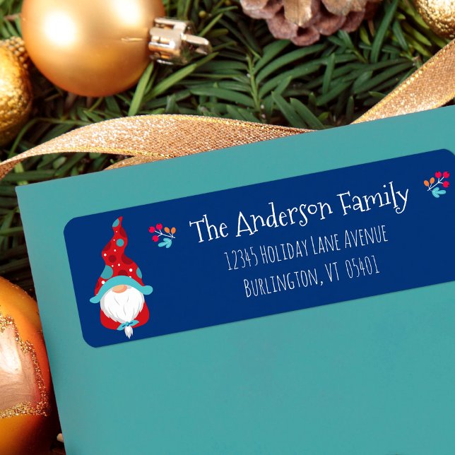 Cute Gnome Simple Modern Helgdag Anpassat namn blå Returadress Etikett (Skapare uppladdad)