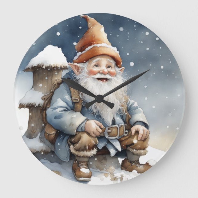Cute Gnome Sitta vid Träd i Snö Stor Klocka (Framsida)
