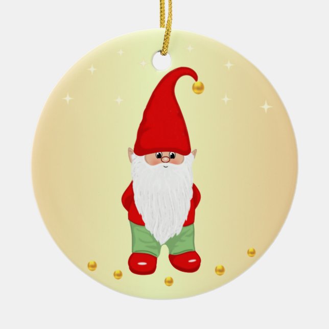 Cute Gnome, Stars och Guld Confetti Julgransprydnad Keramik (Framsidan)