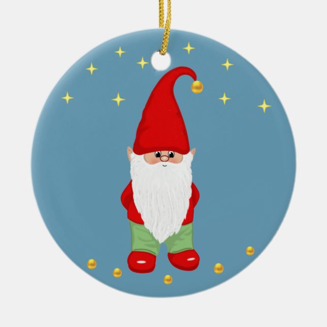 Cute Gnome, Stars och Guld confetti på Himlar Blue Julgransprydnad Keramik (Framsidan)
