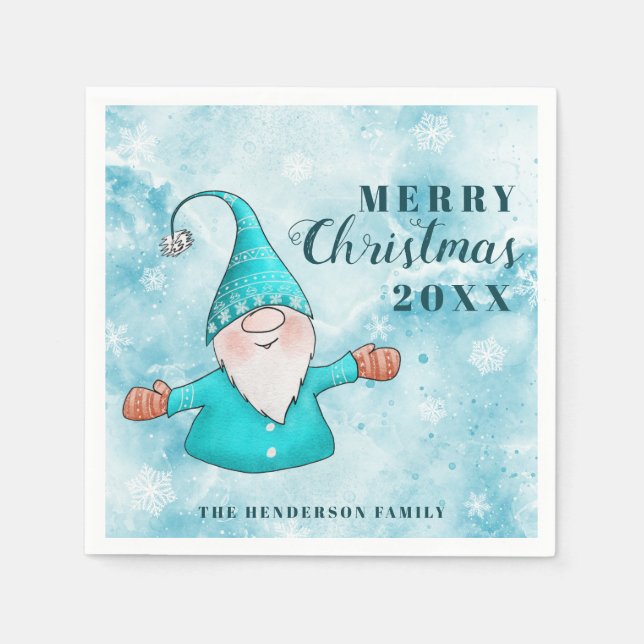 Cute Gnome Teal Blue Coastal God jul Pappersservett (Framsidan)
