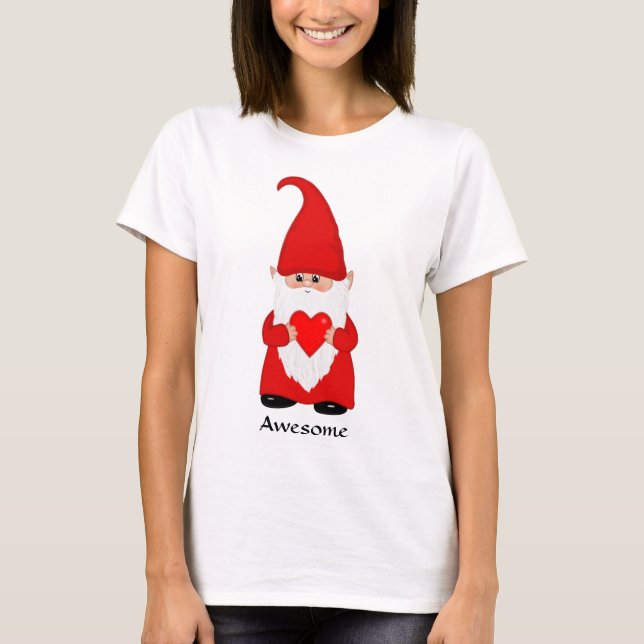 Cute Gnome, tryckt i rött med hjärta T Shirt (Framsida)