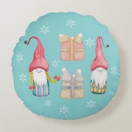 Cute Gnome Turquaise Blue Hand-målat Rund Kudde