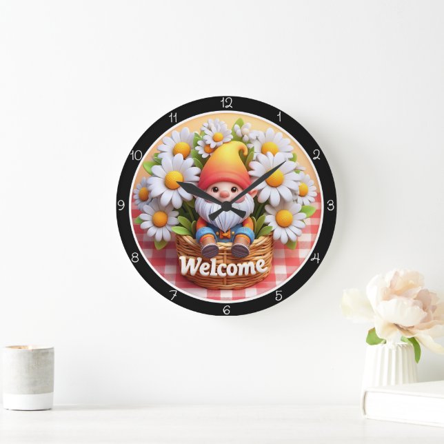 Cute Gnome Welcome Daisy Clock Stor Klocka (Hem)