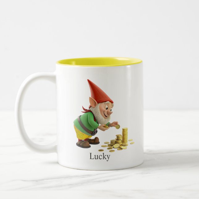 Cute Gnome with Gold Coins, Calligraphy & Monogram Två-Tonad Mugg (Vänster)