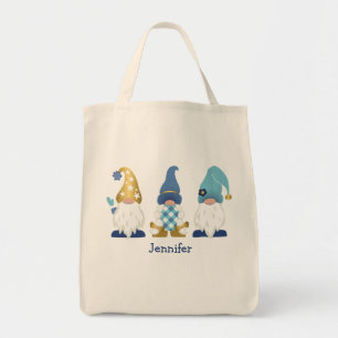 Cute Gnomes Guld Blue White Gingham Tygkasse
