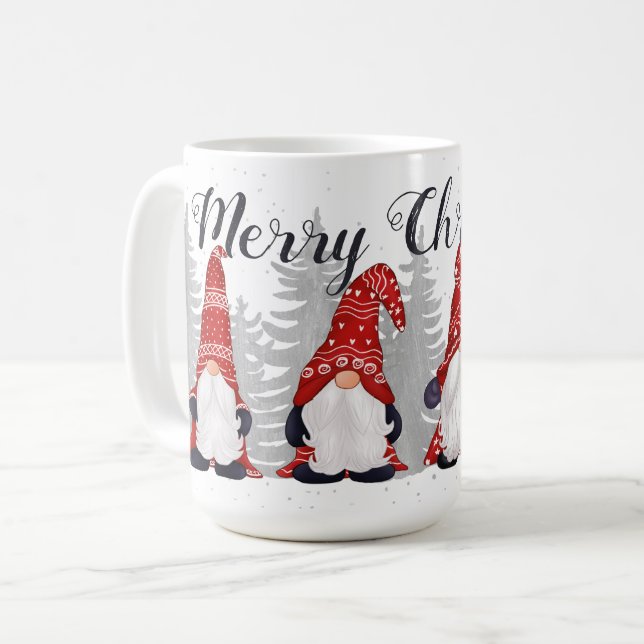 Cute Gnomes Red Hats God jul Script 15oz Kaffemugg (Framsida vänster)