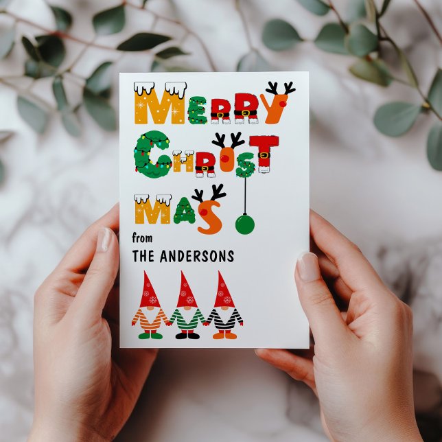 Cute Gnomes Roligt Whimsical Typsnitt God jul Julkort (Skapare uppladdad)