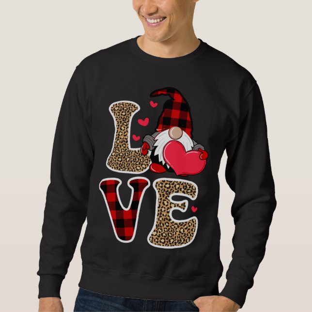 Cute Gnomes Valentines Love Leopard Plaid Couple M Lång Ärmad Tröja (Framsida)
