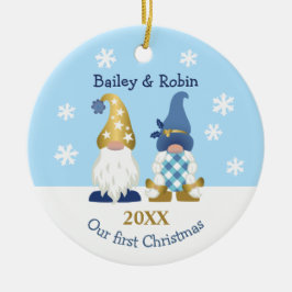 Cute Gnomes Vår första jul Guld Blue Gingham Julgransprydnad Keramik