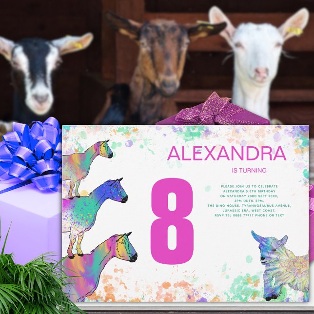 Cute Goat 8:e Födelsedagsfesten Inbjudningar (Cute goats colorful farm animal art 8th birthday party invitation watercolor splash pink Typography)