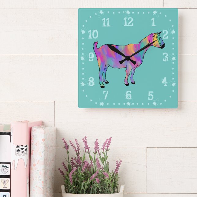 Cute Goat Colorful Animal Art Fyrkantig Klocka (Cute goat colorful animal art wall clock watercolor swash pink purple yellow teal green)