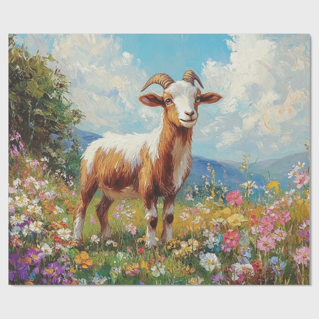 Cute Goat Colorful Wildblomme Meadow Decoupage Presentpapper (Platt)