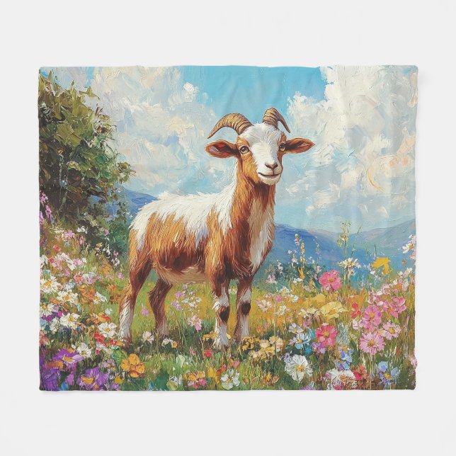 Cute Goat Colorful Wildblomskugga Fleecefilt (Framsidan (Horisontell))
