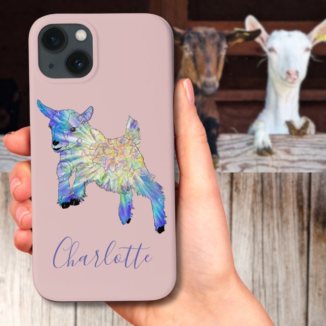 Cute Goat Jumping illustration Namn (Cute baby goat jumping illustration pink mobile phone case with personalized name)