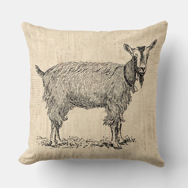 Cute Goat med Bell Illustration Antique-skript Kudde (Framsida)
