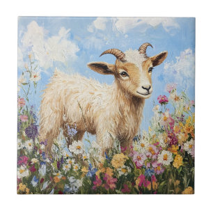 Cute Goat, omringat av Wildblommor Kakelplatta