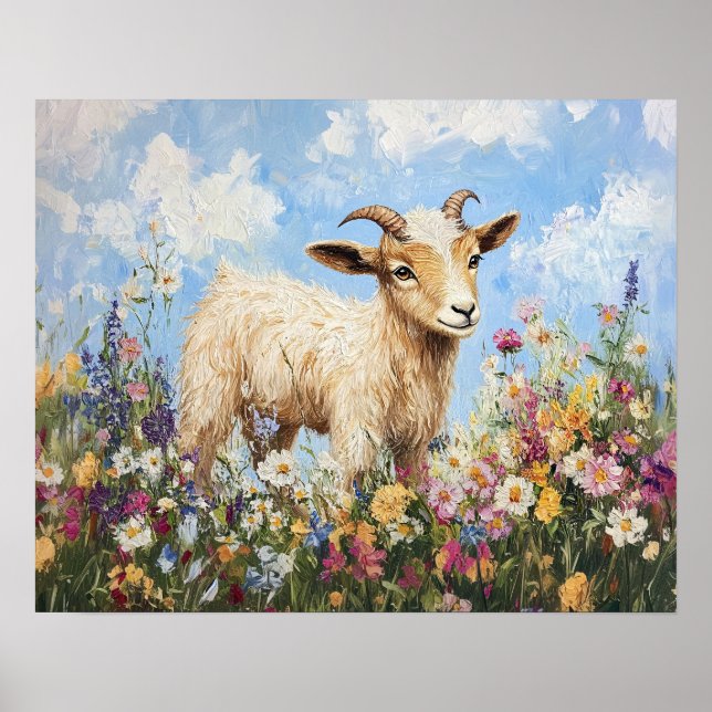 Cute Goat, omringat av Wildblommor Poster (Framsidan)